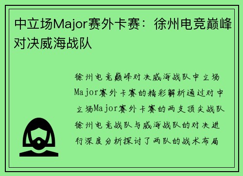 中立场Major赛外卡赛：徐州电竞巅峰对决威海战队